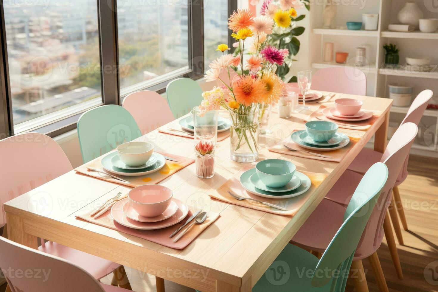 top view photos of table set in dining room AI Generated
