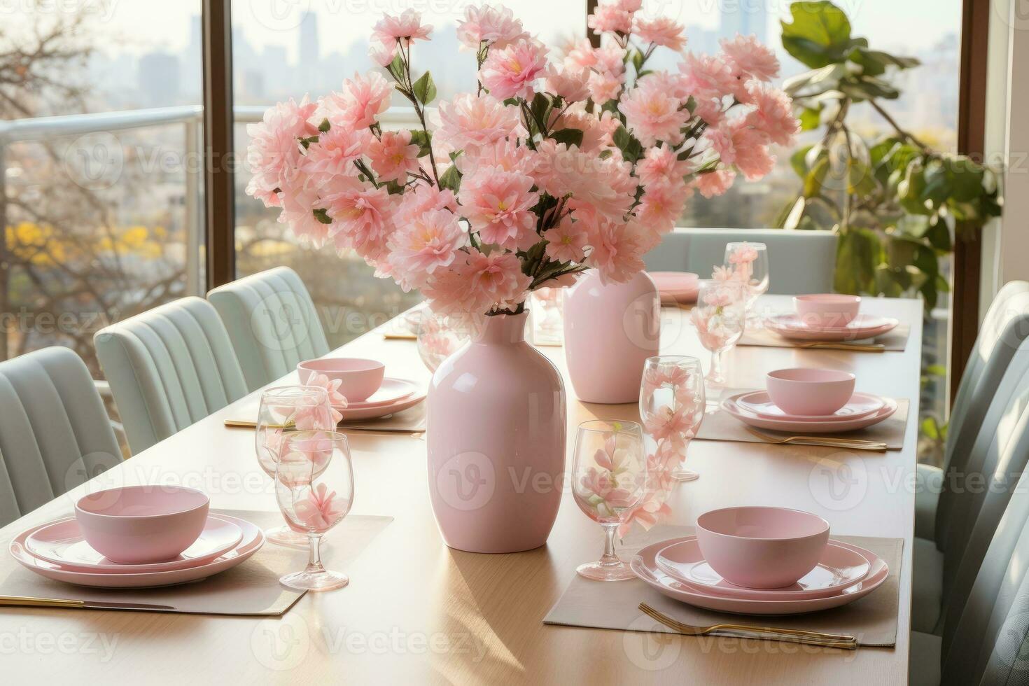top view photos of table set in dining room AI Generated