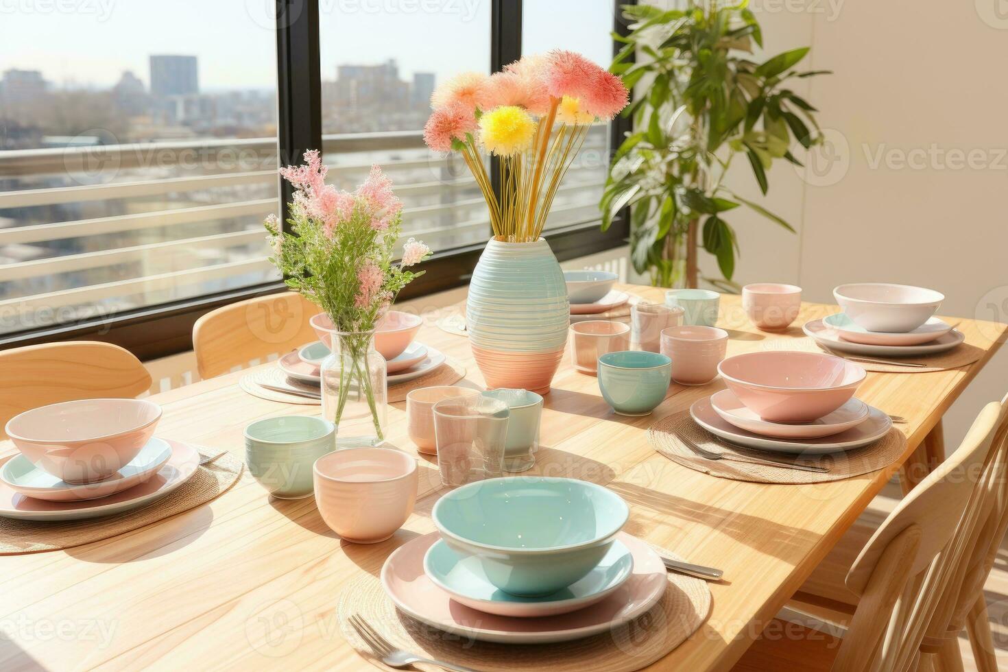 top view photos of table set in dining room AI Generated