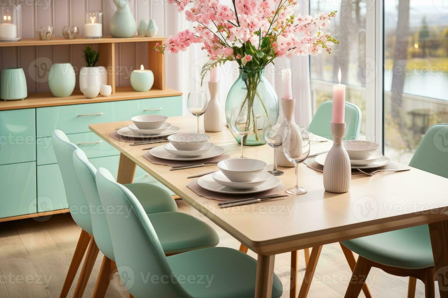 top view photos of table set in dining room AI Generated