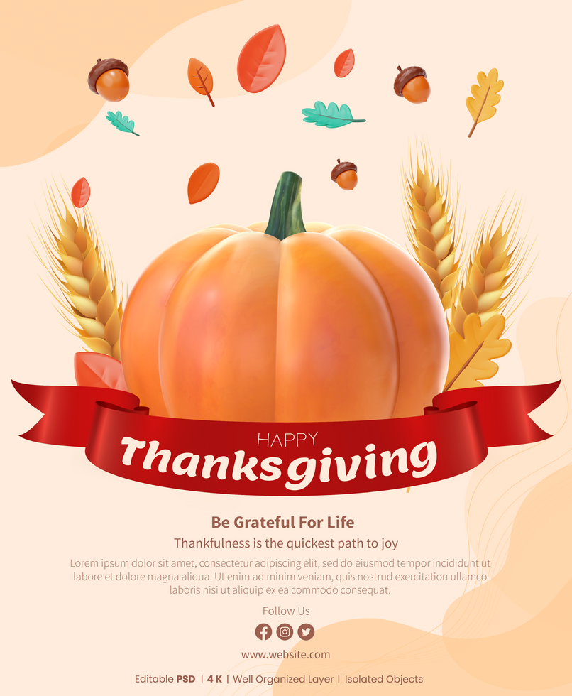 Thanksgiving Poster Template With 3D Rendering Pumpkin With Wheat And Falling Autumn leaves psd