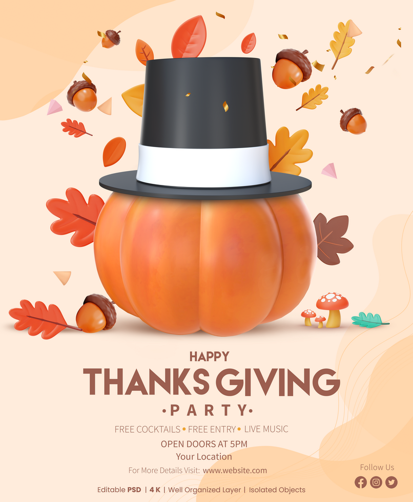 Thanksgiving Poster Template With 3D Rendering Pumpkin With Hat And Falling Autumn leaves psd