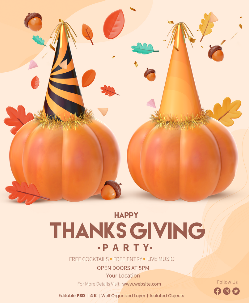 Thanksgiving Poster Template With 3D Rendering Two Pumpkins With Party Hat And Falling Autumn leaves psd