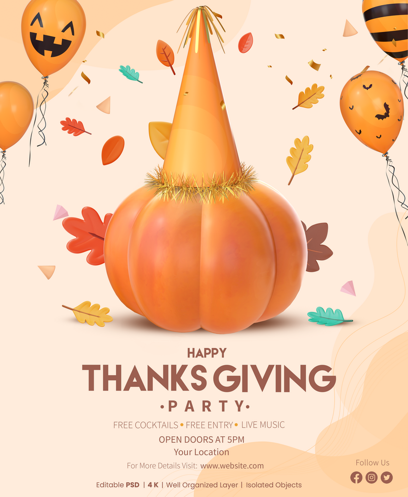 Thanksgiving Poster Template With 3D Rendering Pumpkin With Party Hat, Balloons And Falling Autumn leaves psd