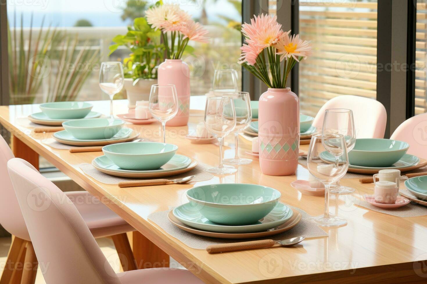 top view photos of table set in dining room AI Generated