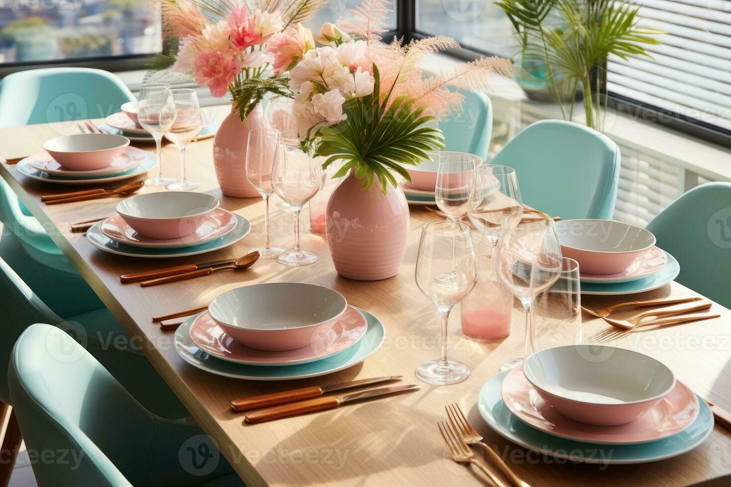 top view photos of table set in dining room AI Generated