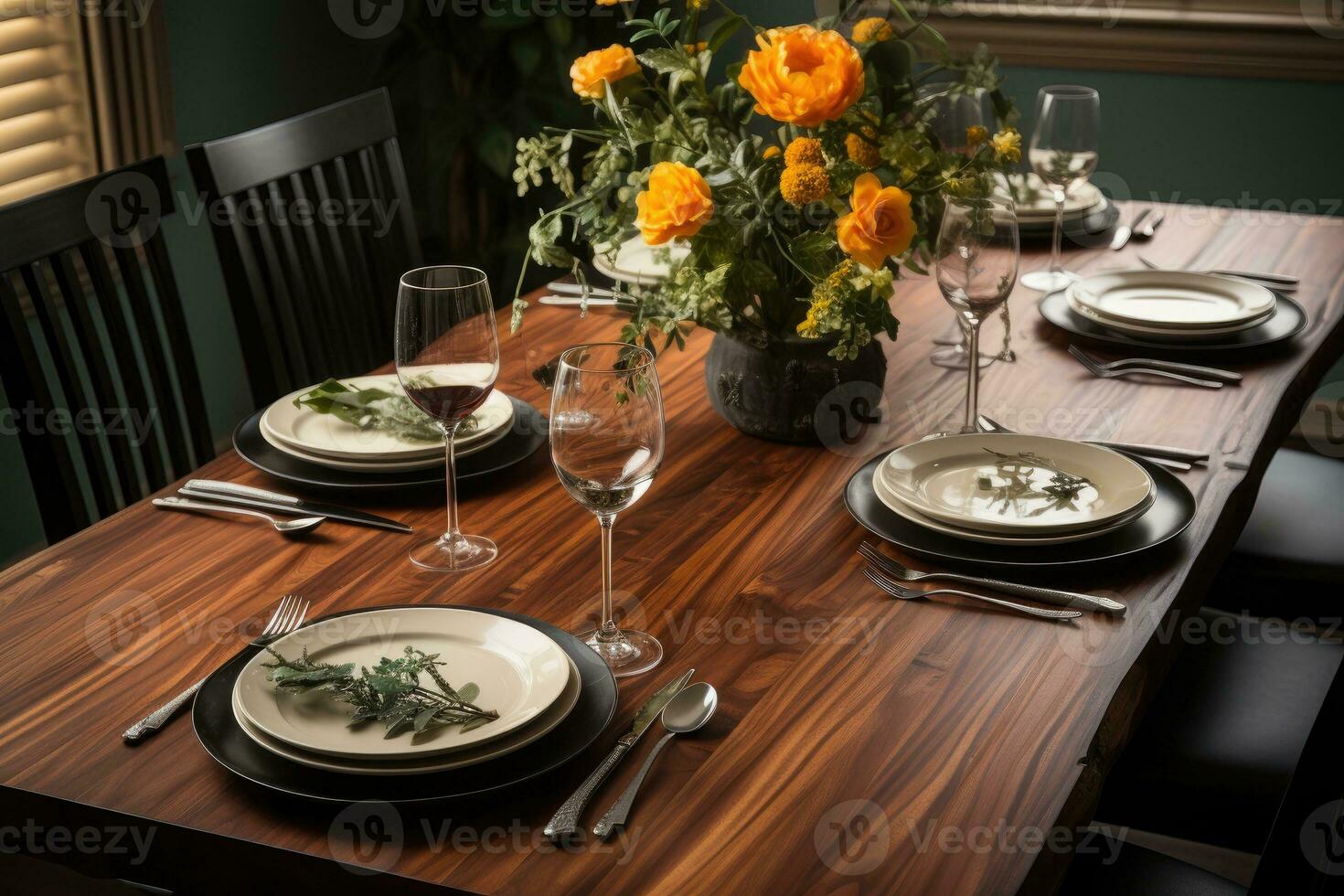 top view photos of table set in dining room AI Generated