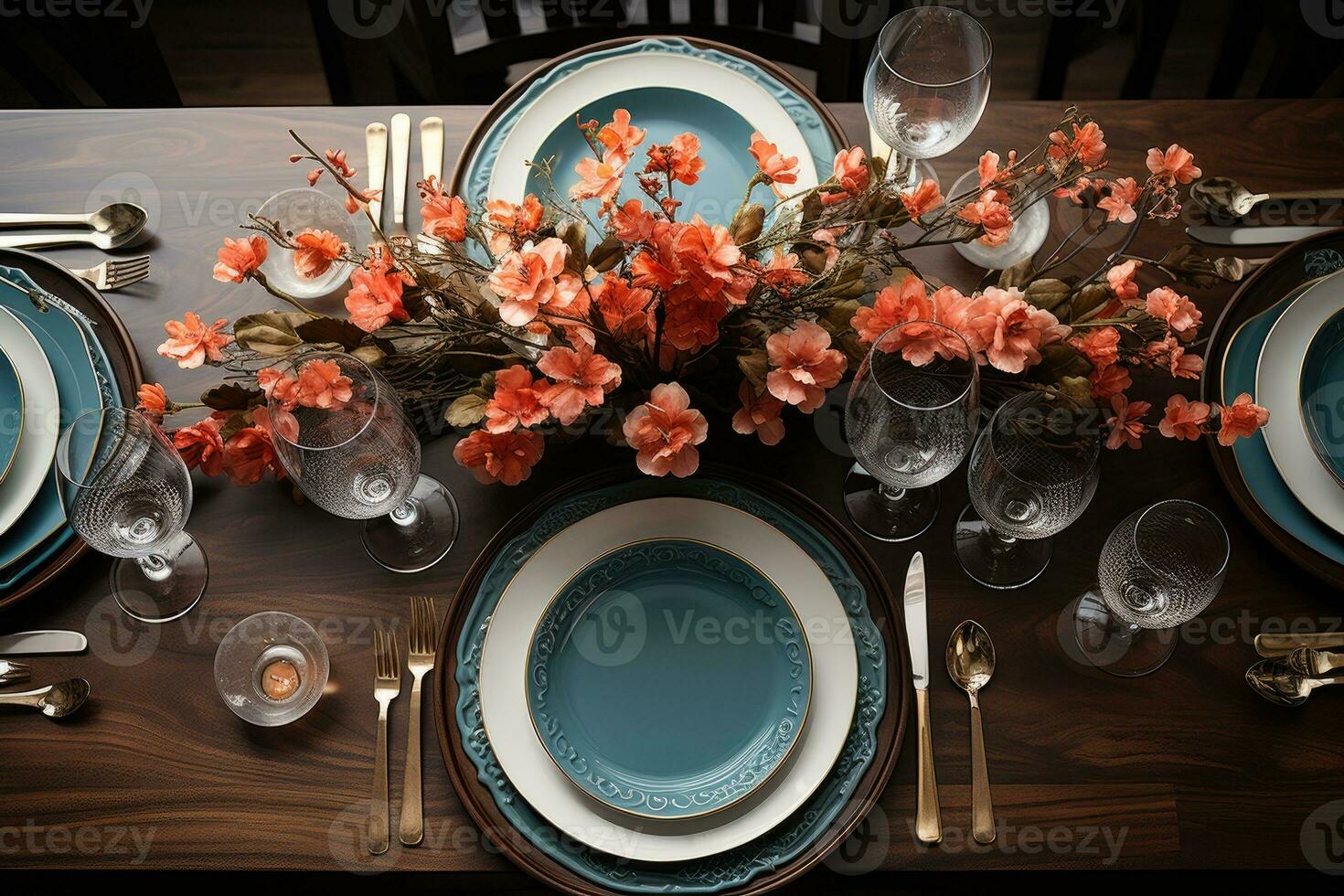 top view photos of table set in dining room AI Generated