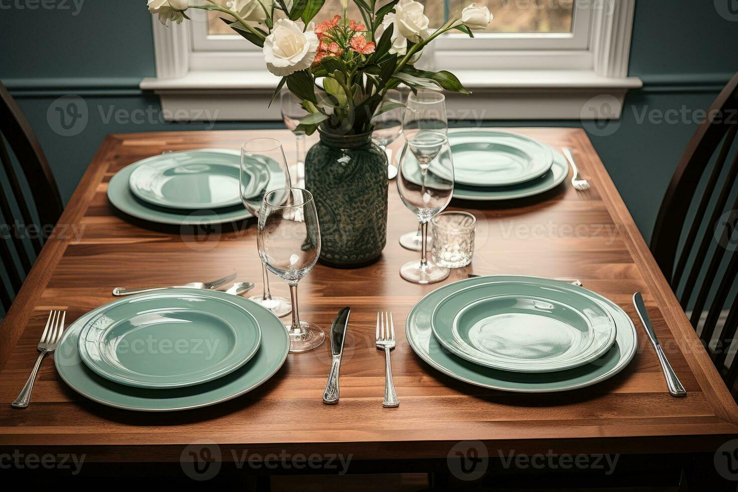 top view photos of table set in dining room AI Generated