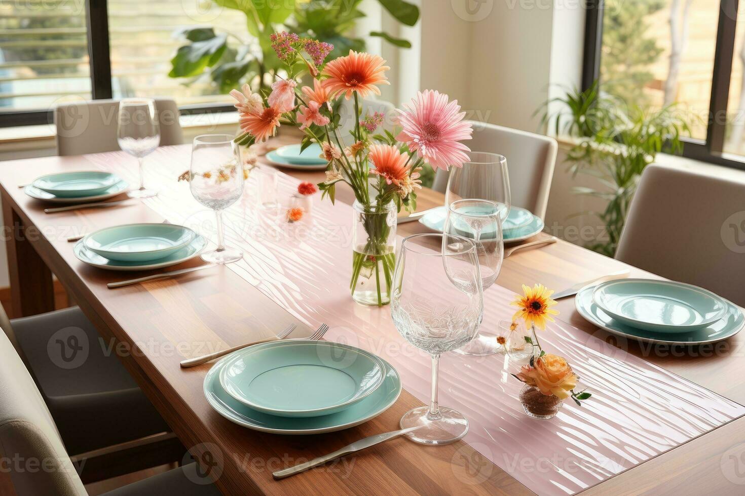 top view photos of table set in dining room AI Generated