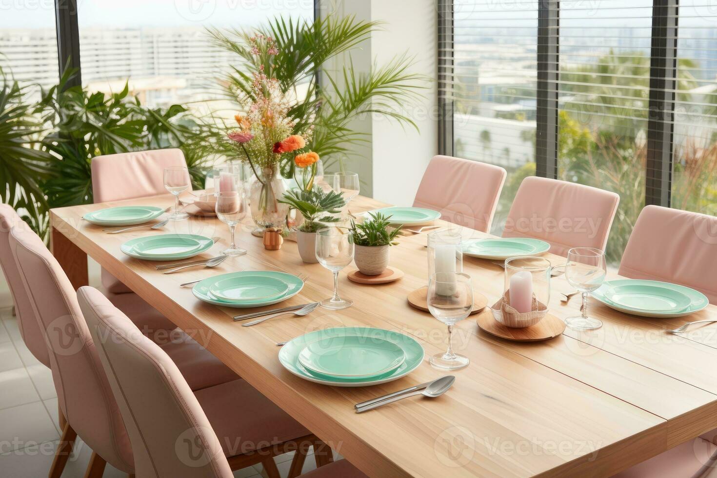 top view photos of table set in dining room AI Generated