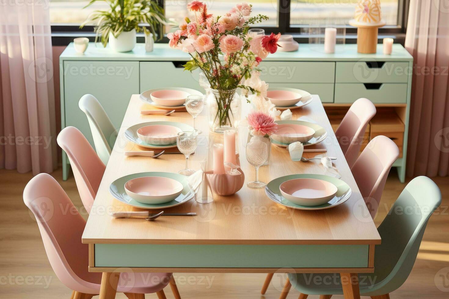 top view photos of table set in dining room AI Generated