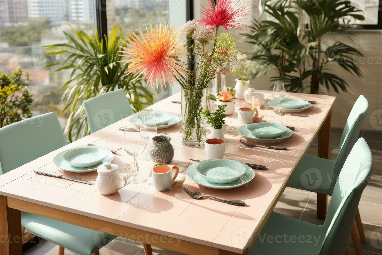 top view photos of table set in dining room AI Generated