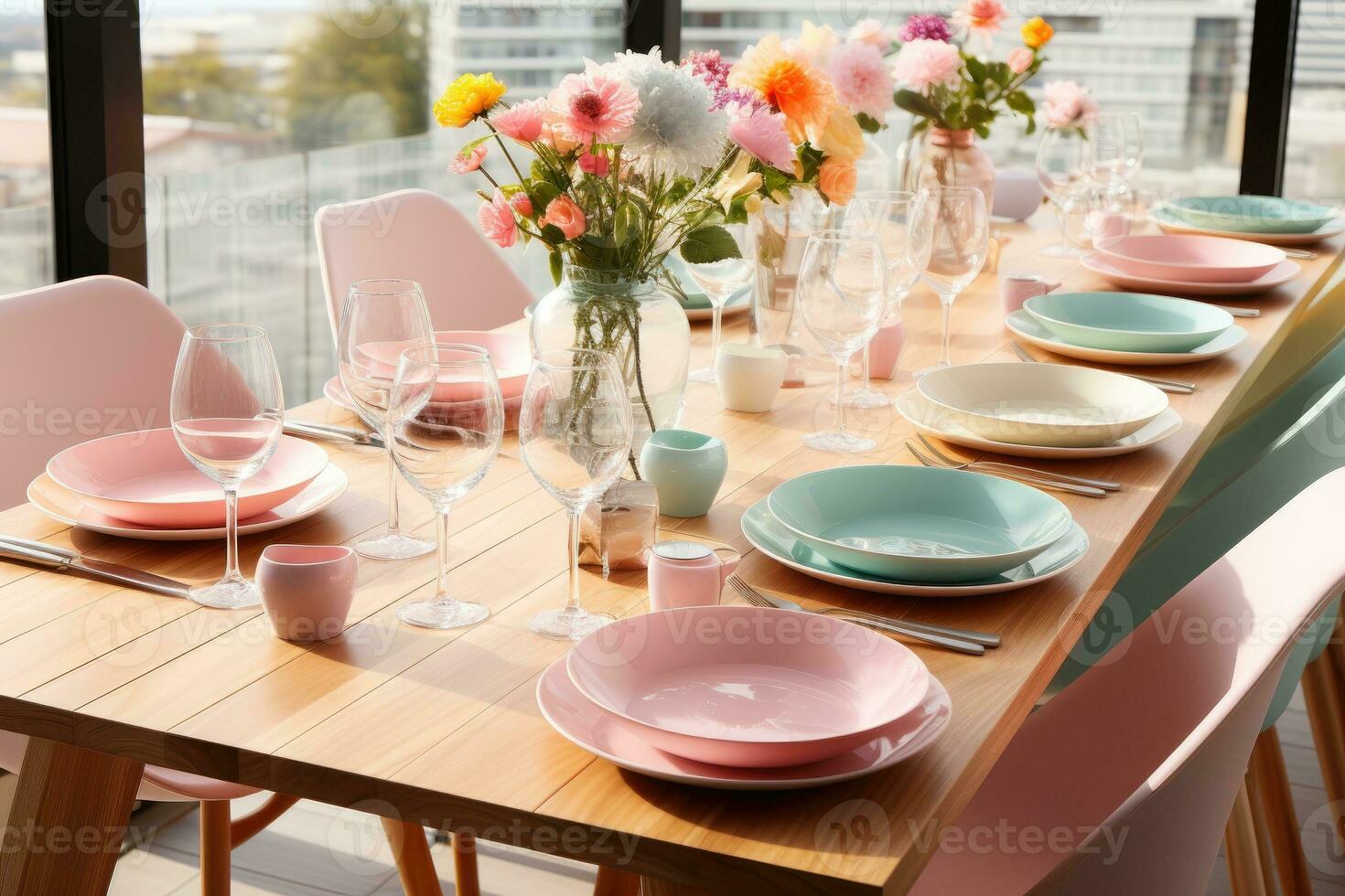 top view photos of table set in dining room AI Generated