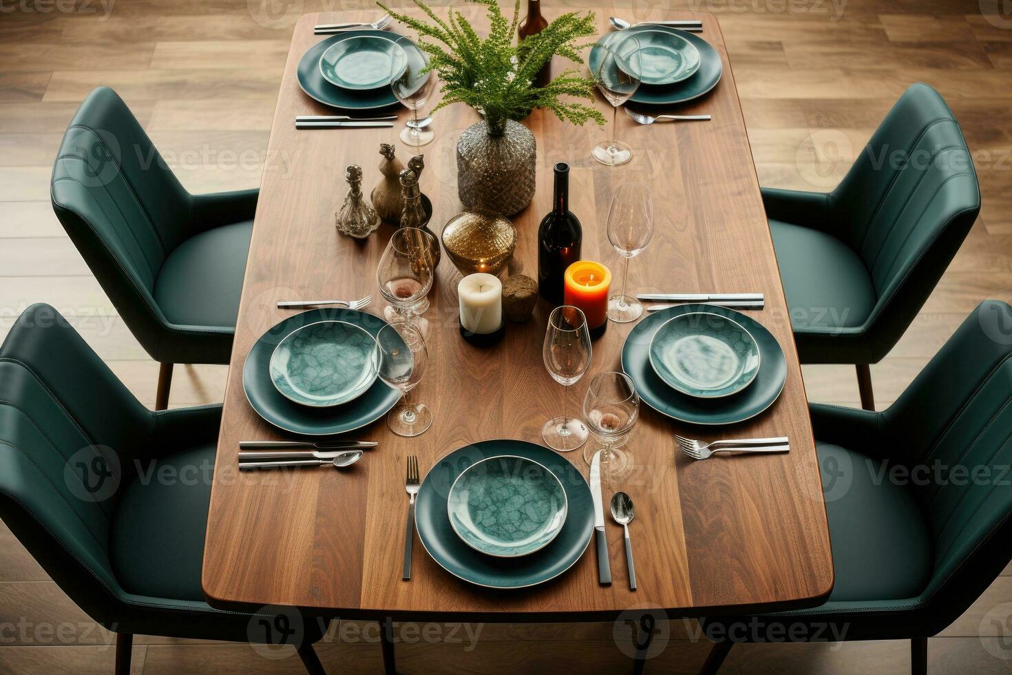 top view photos of table set in dining room AI Generated