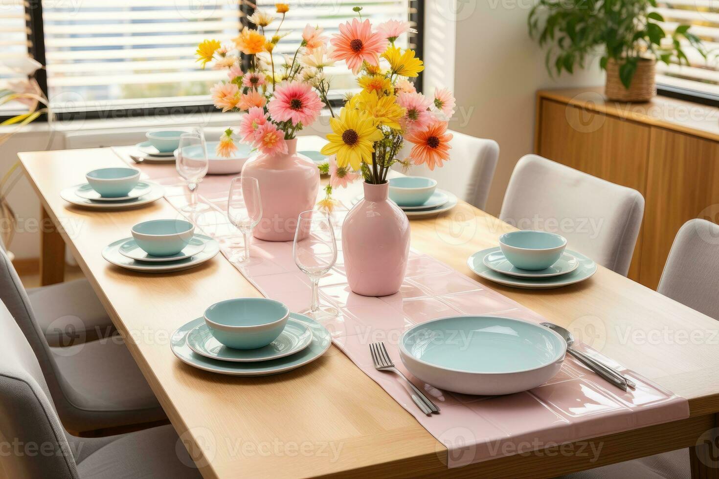 top view photos of table set in dining room AI Generated