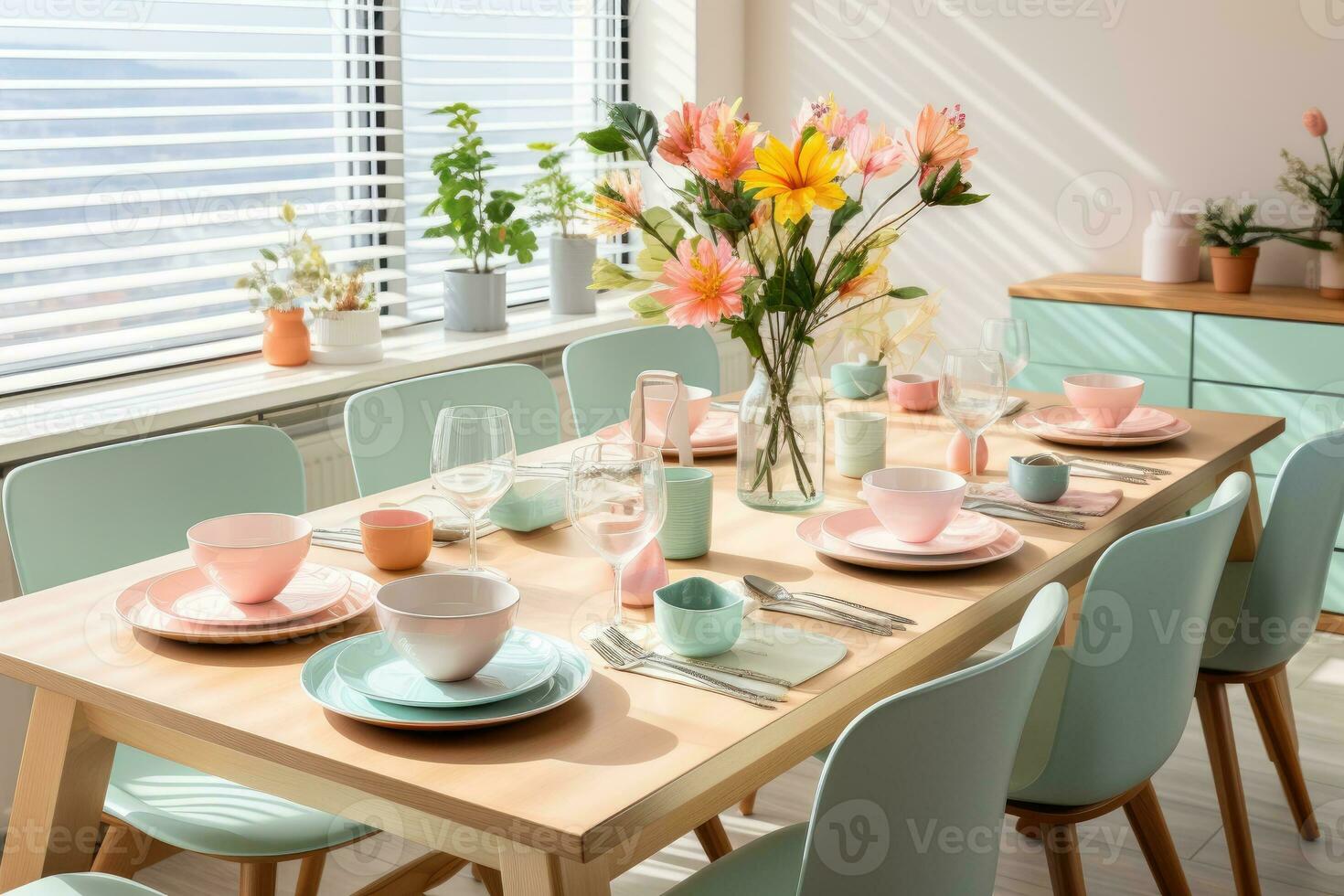 top view photos of table set in dining room AI Generated