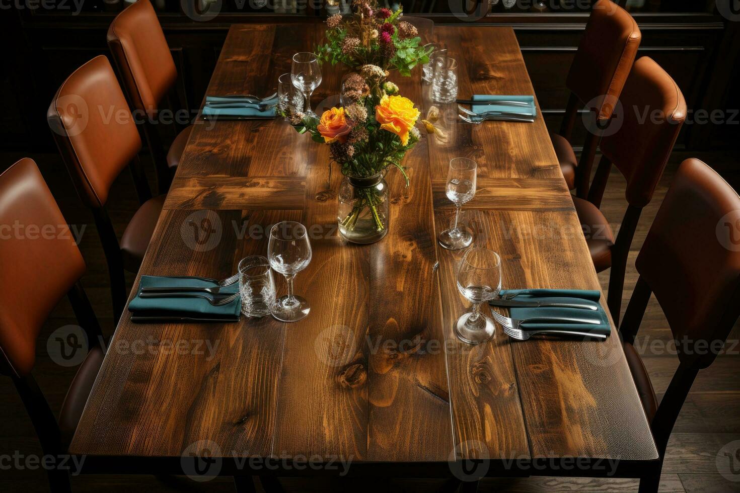 top view photos of table set in dining room AI Generated