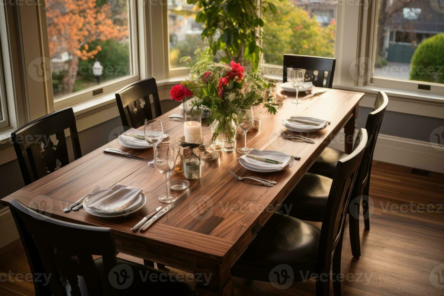 top view photos of table set in dining room AI Generated