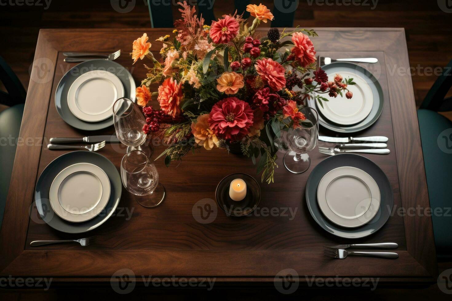 top view photos of table set in dining room AI Generated