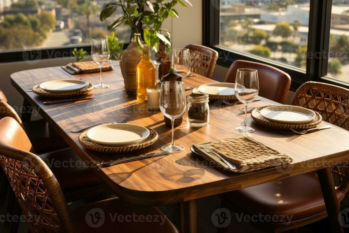 top view photos of table set in dining room AI Generated
