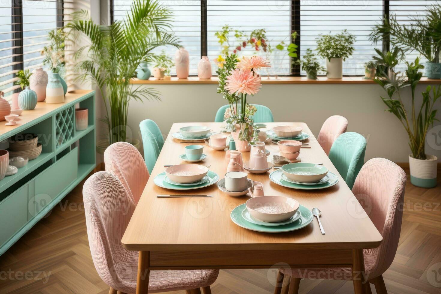 top view photos of table set in dining room AI Generated
