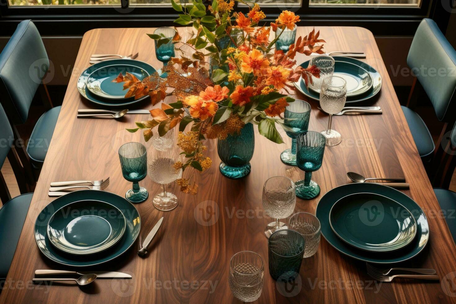 top view photos of table set in dining room AI Generated