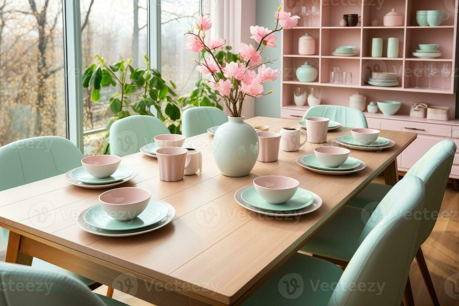 top view photos of table set in dining room AI Generated