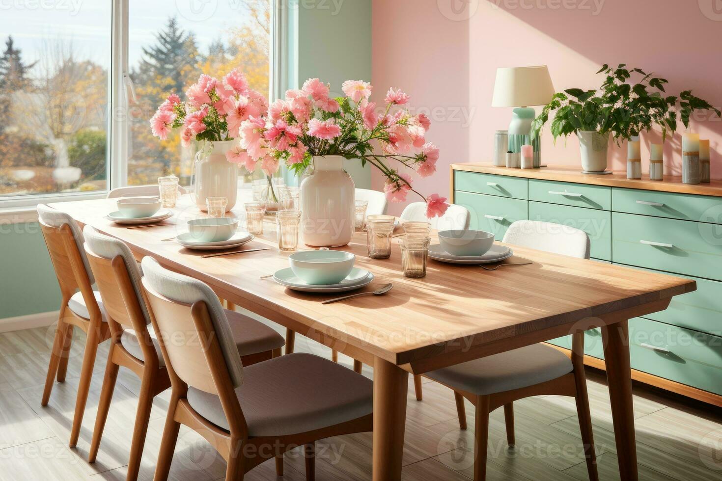 top view photos of table set in dining room AI Generated