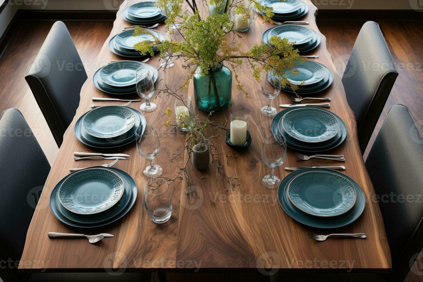 top view photos of table set in dining room AI Generated