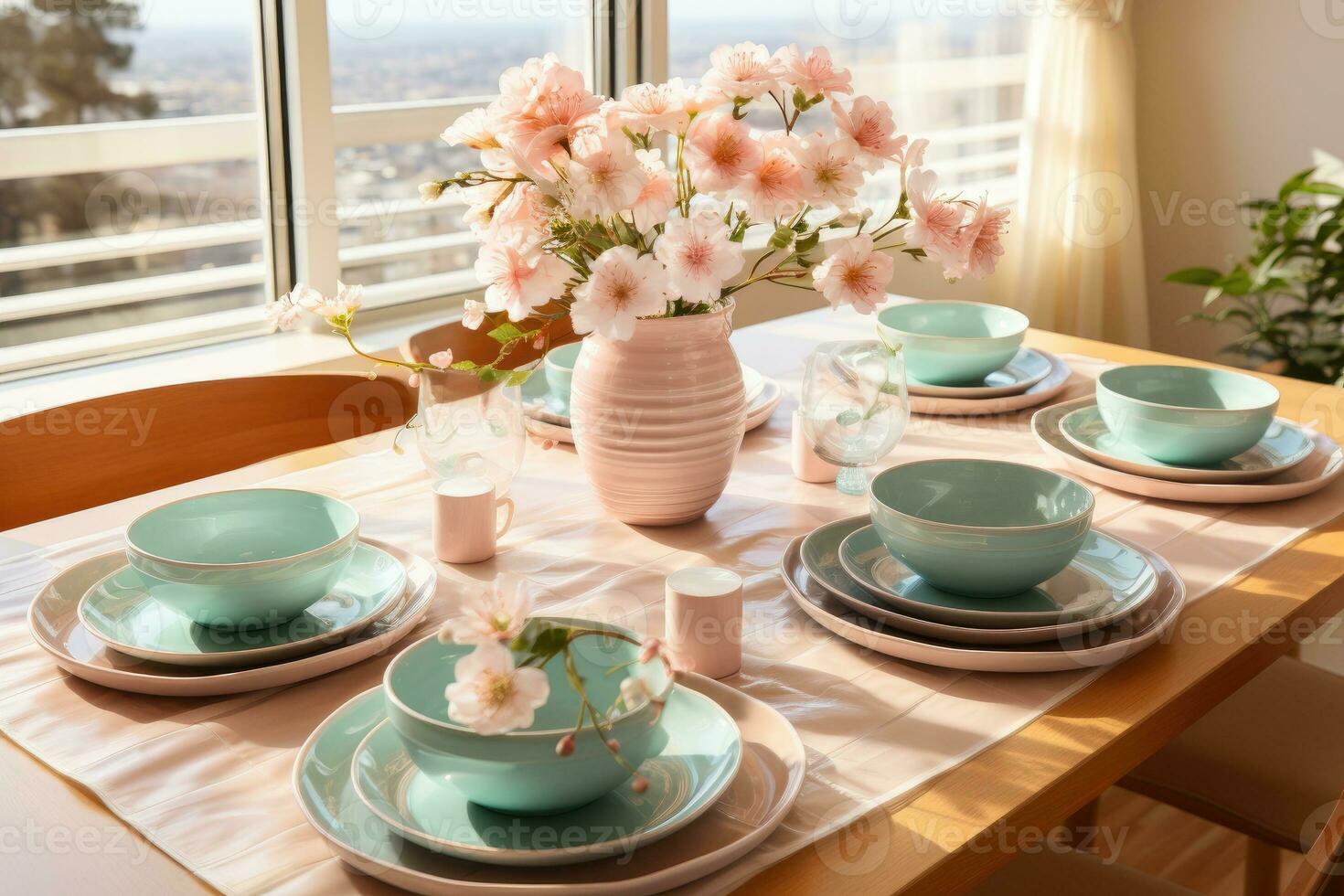 top view photos of table set in dining room AI Generated