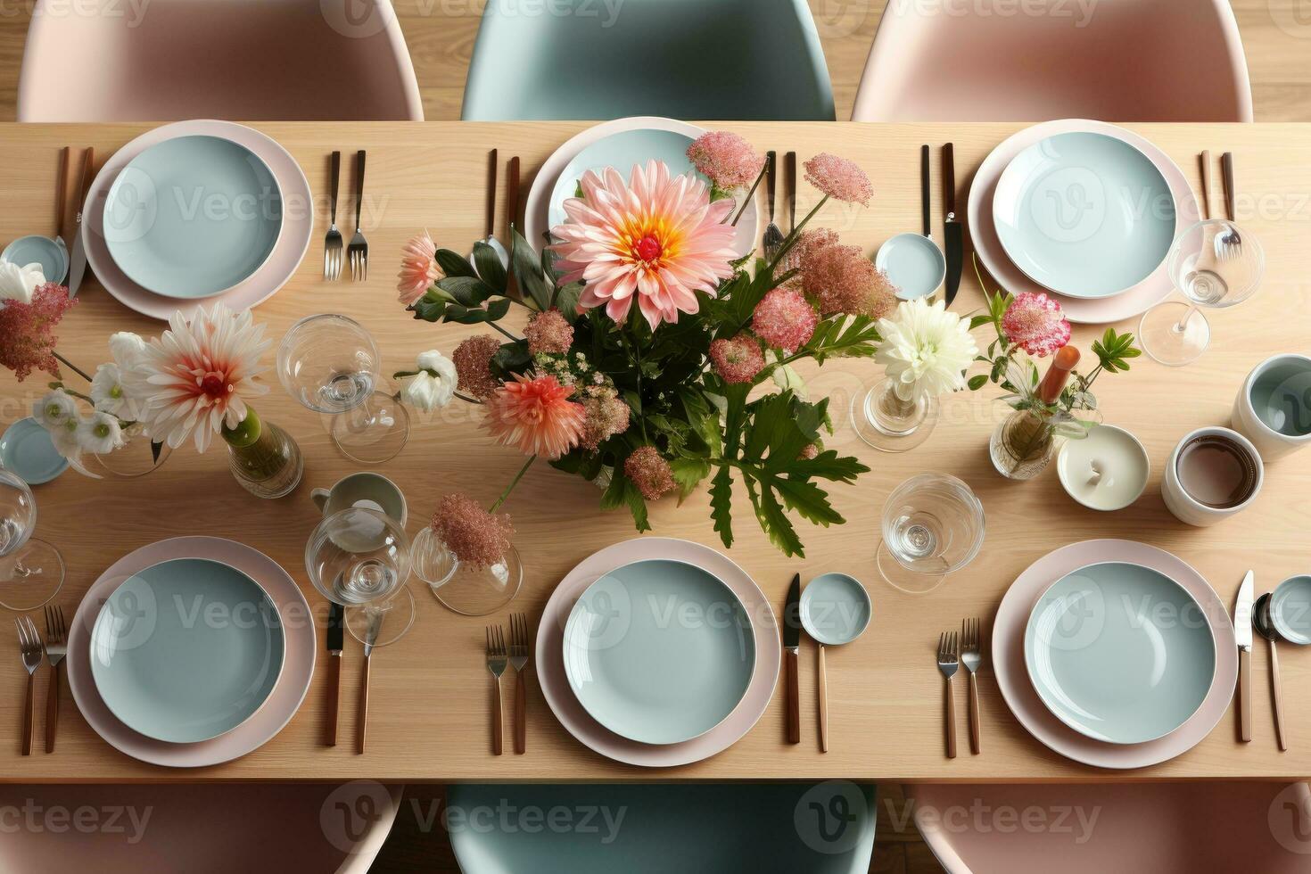 top view photos of table set in dining room AI Generated