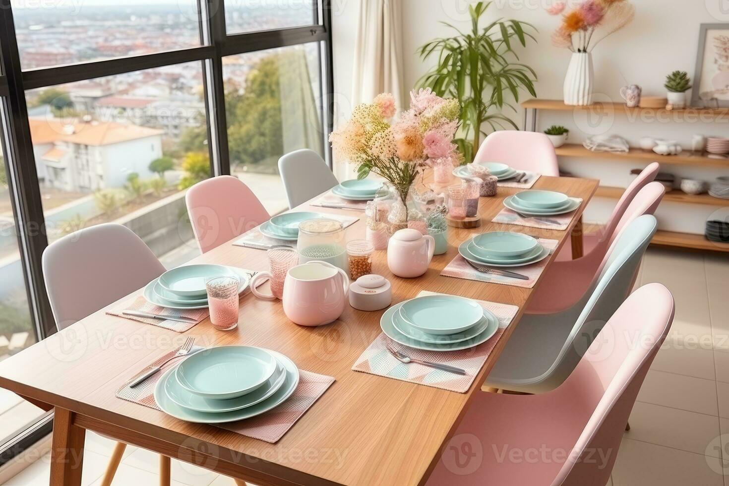 top view photos of table set in dining room AI Generated