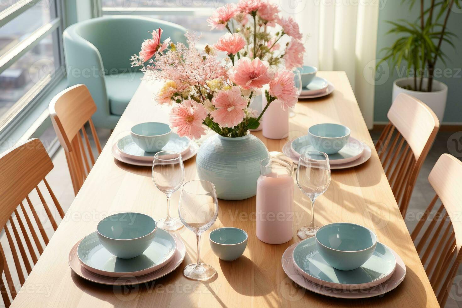 top view photos of table set in dining room AI Generated
