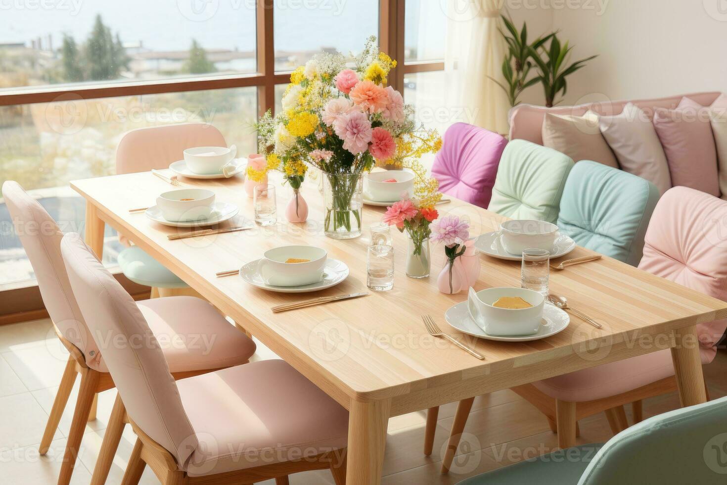 top view photos of table set in dining room AI Generated
