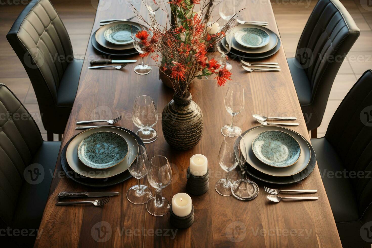 top view photos of table set in dining room AI Generated