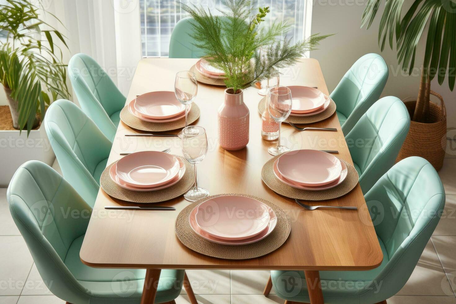 top view photos of table set in dining room AI Generated