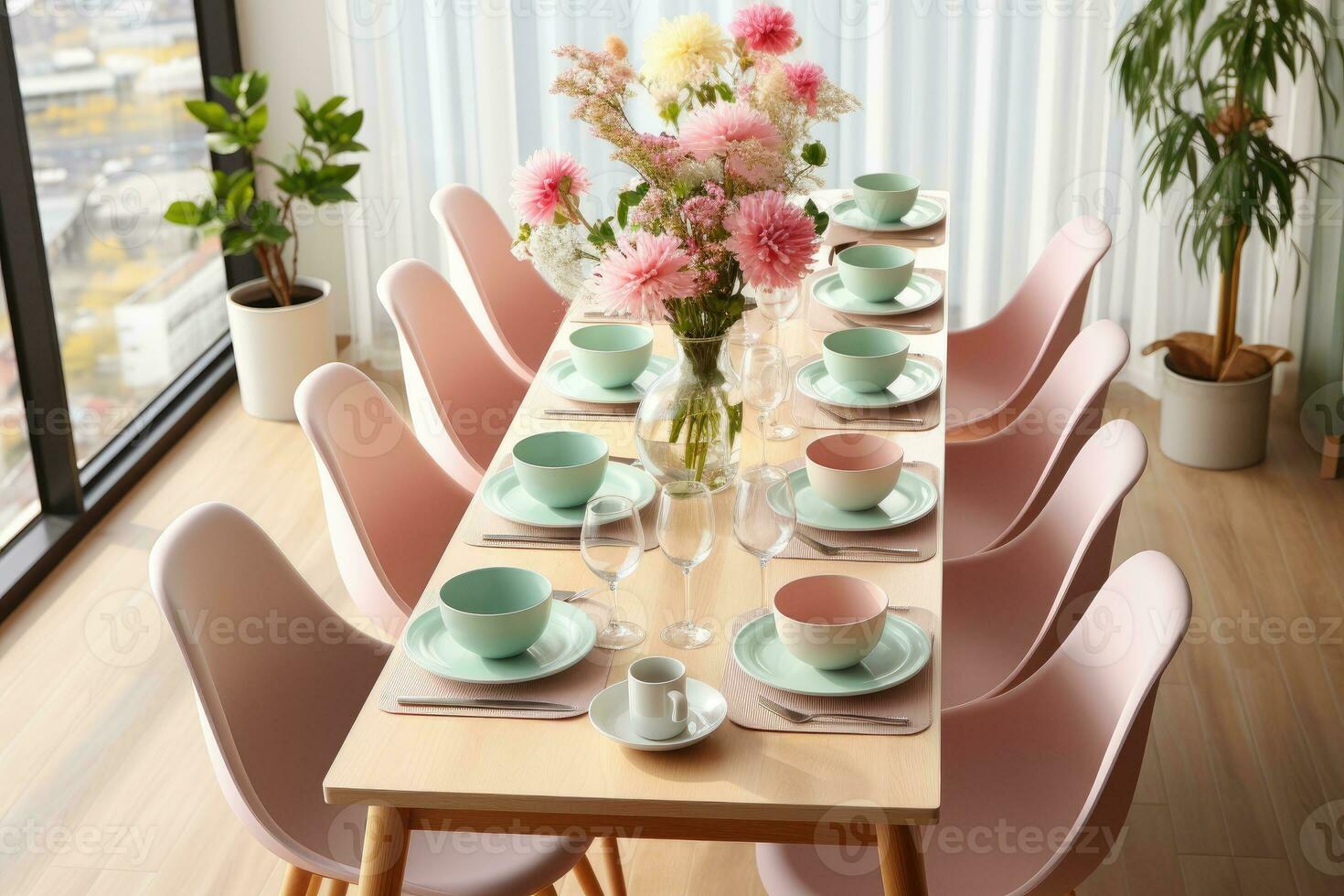 top view photos of table set in dining room AI Generated