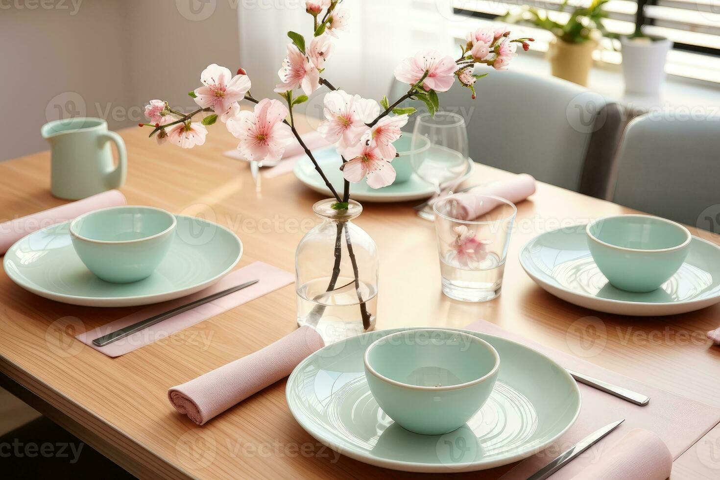 top view photos of table set in dining room AI Generated