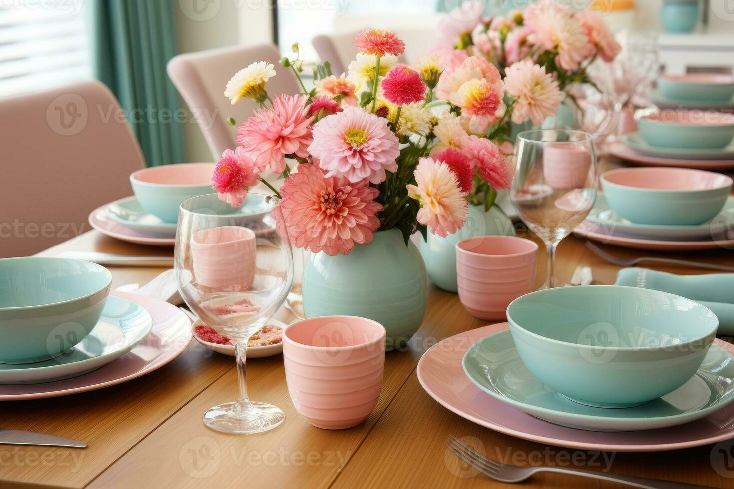 top view photos of table set in dining room AI Generated
