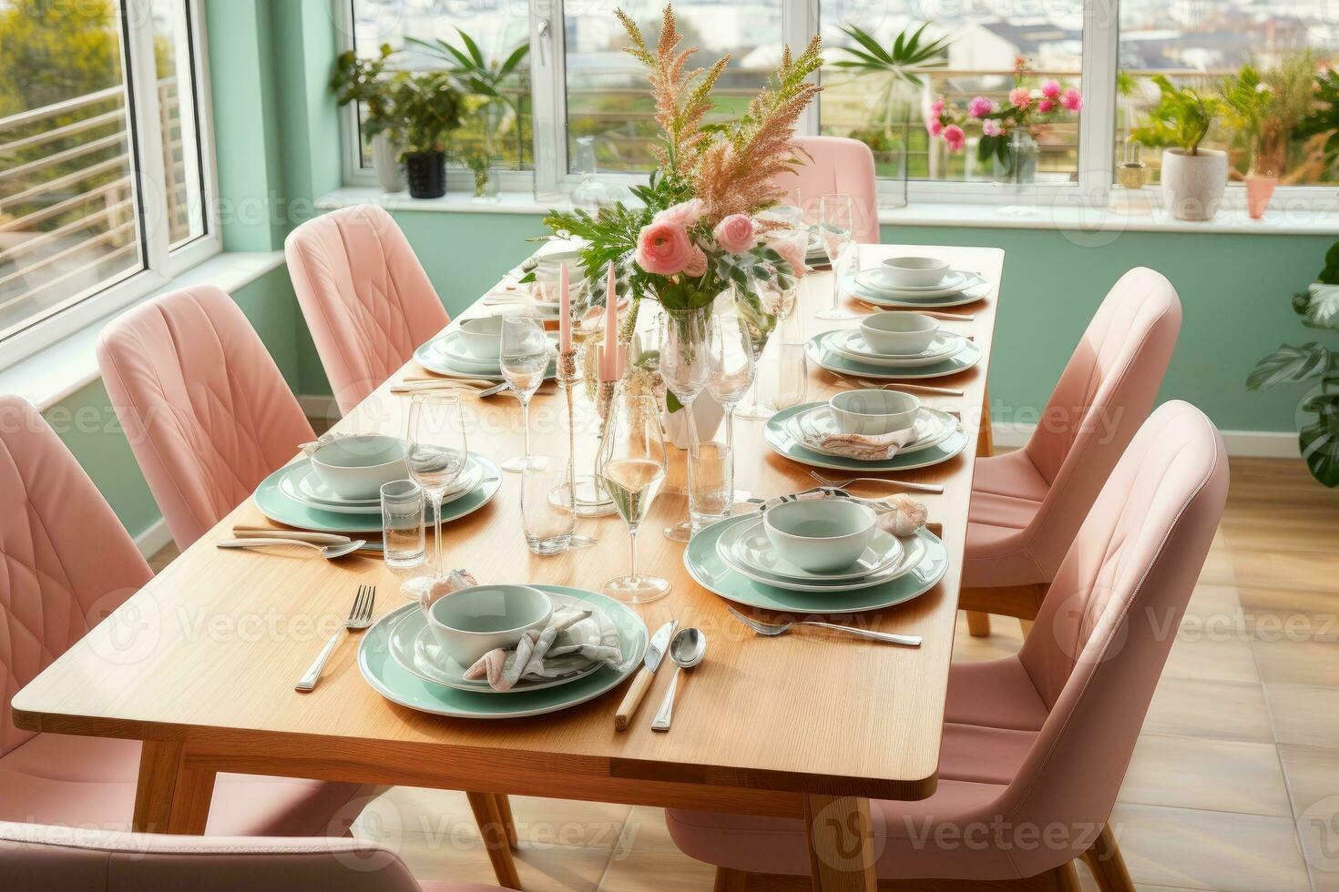 top view photos of table set in dining room AI Generated