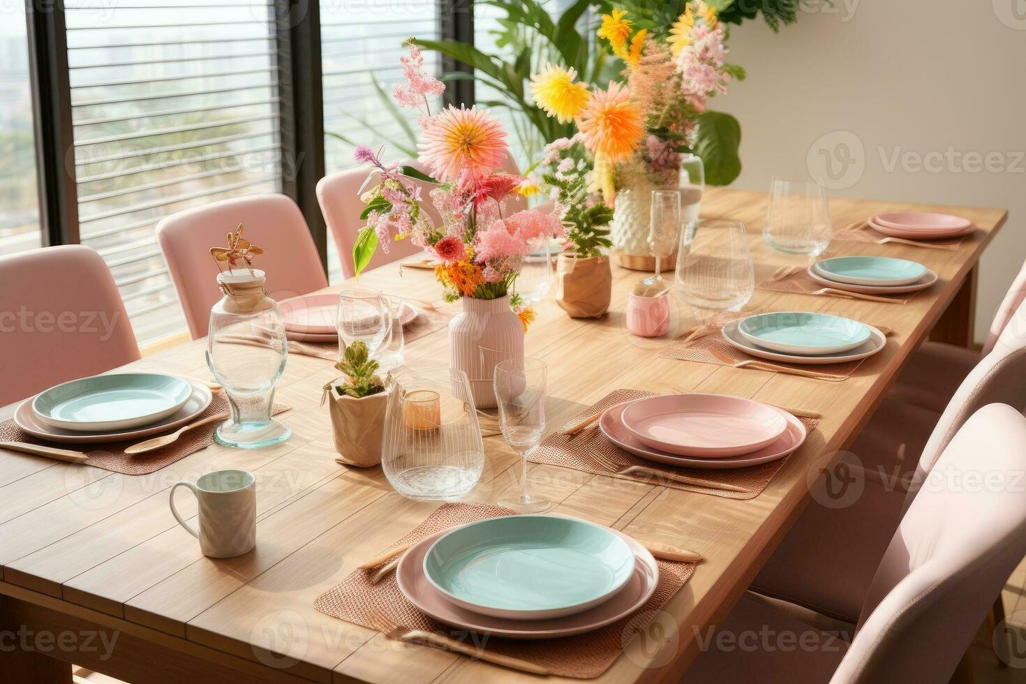 top view photos of table set in dining room AI Generated