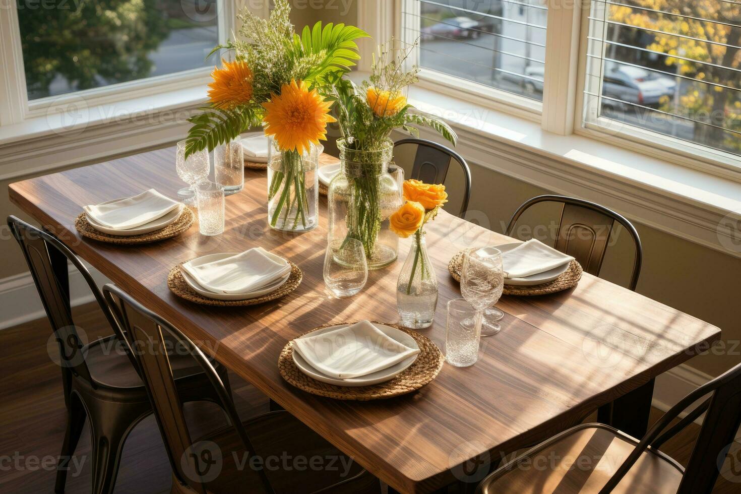 top view photos of table set in dining room AI Generated