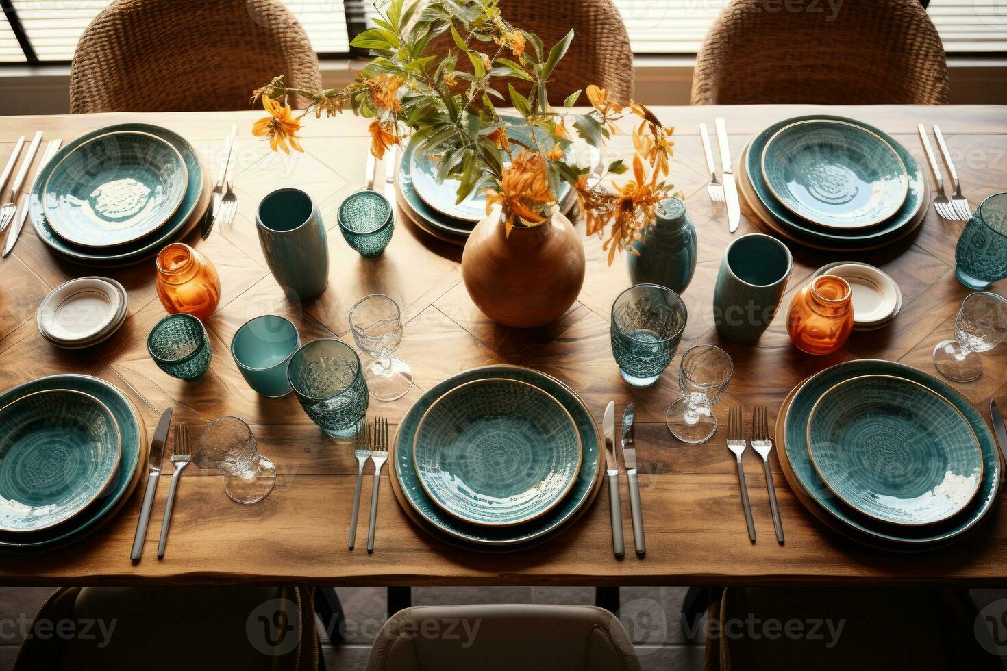top view photos of table set in dining room AI Generated