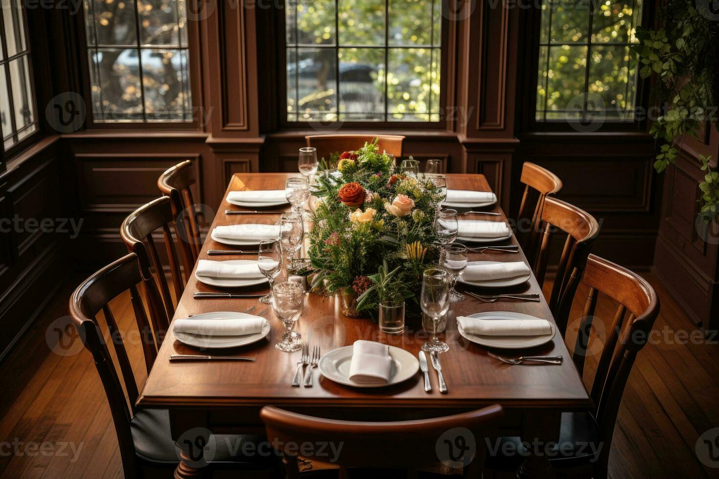 top view photos of table set in dining room AI Generated