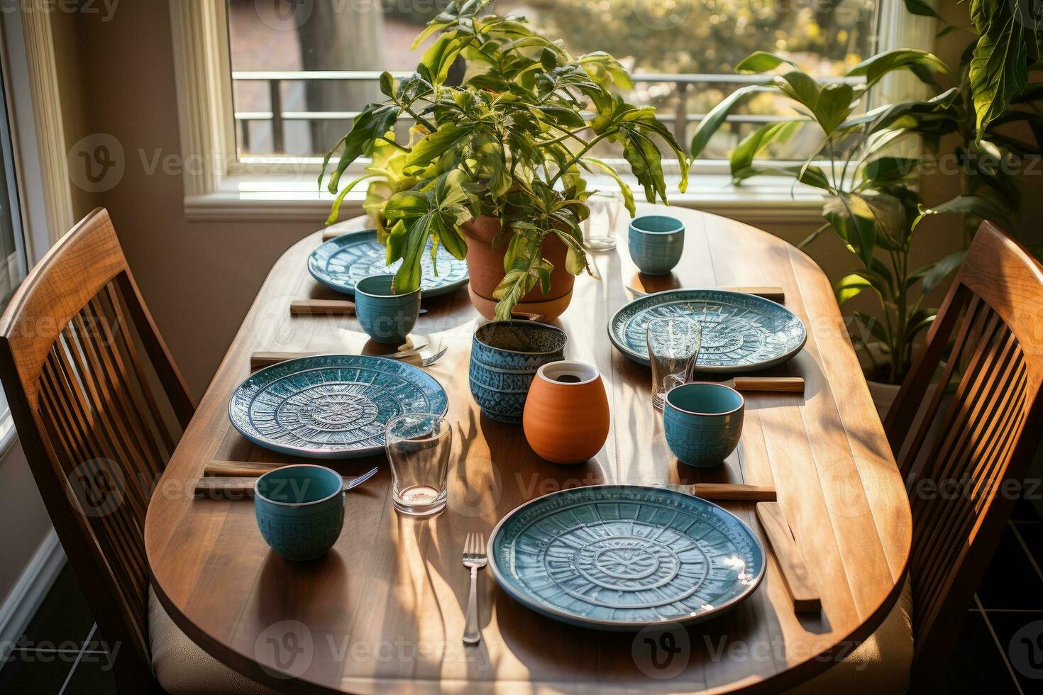 top view photos of table set in dining room AI Generated