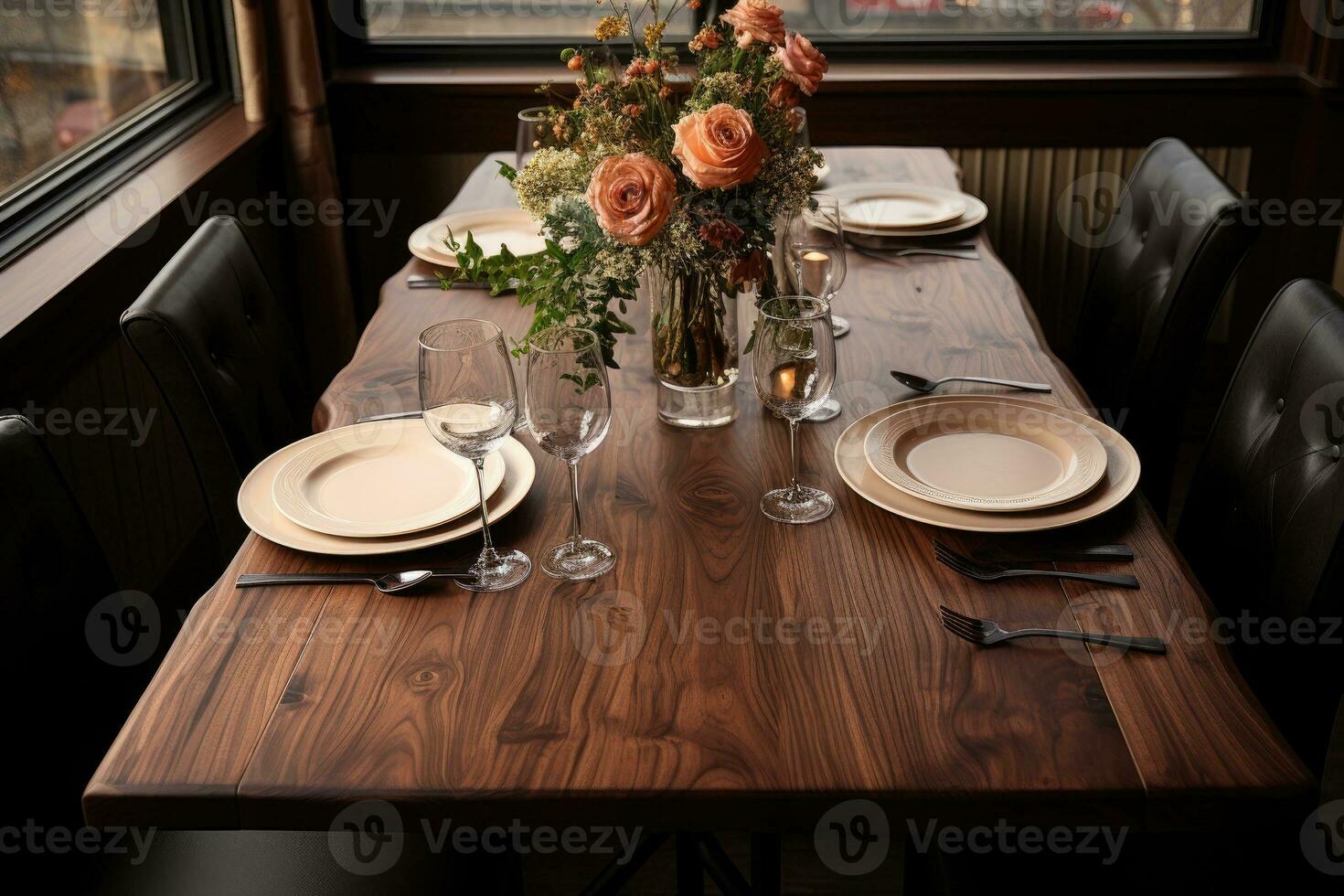 top view photos of table set in dining room AI Generated