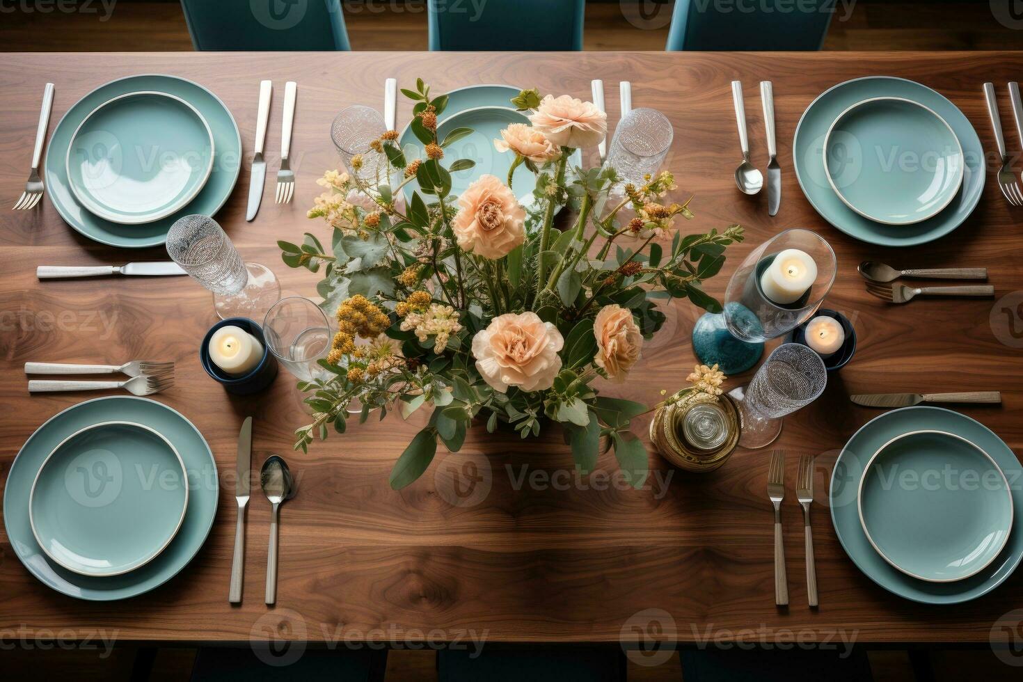 top view photos of table set in dining room AI Generated