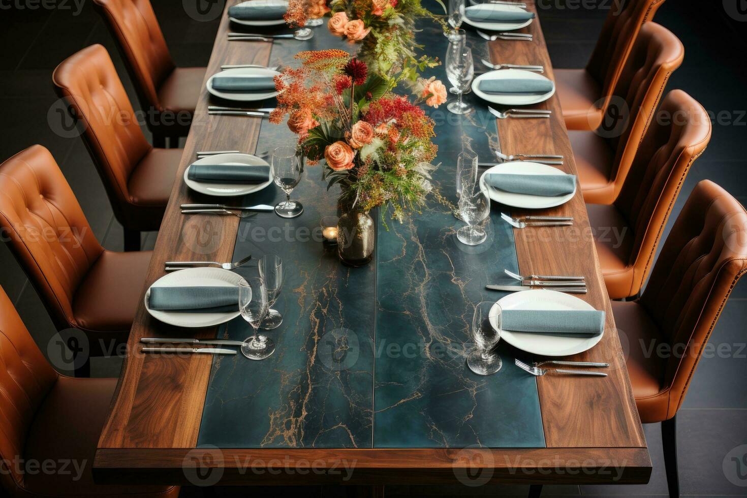 top view photos of table set in dining room AI Generated
