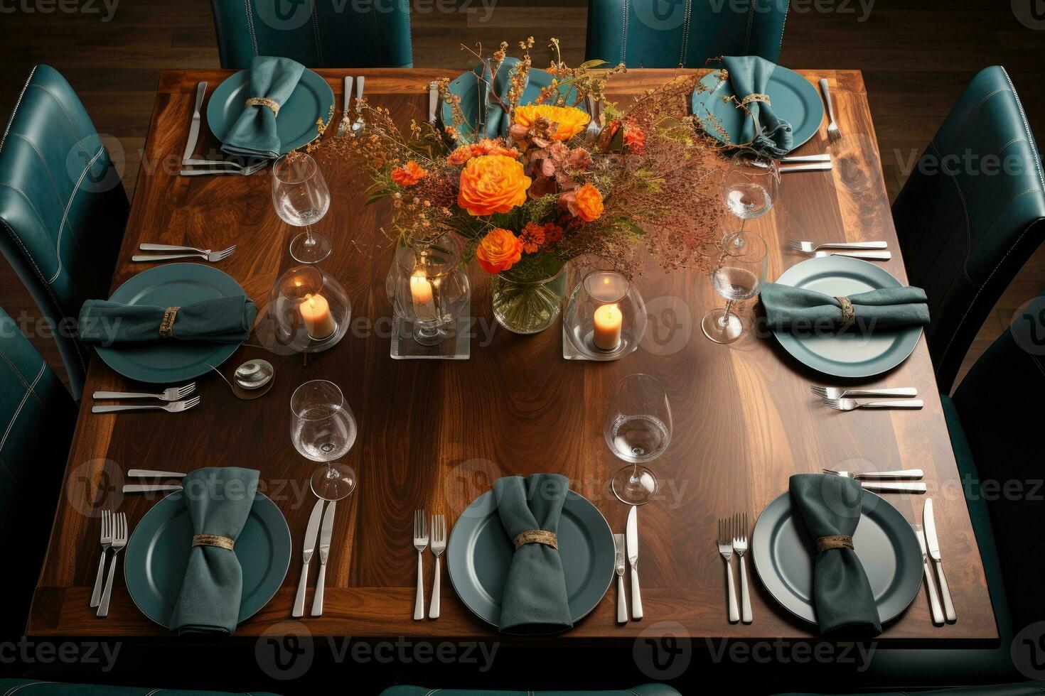 top view photos of table set in dining room AI Generated